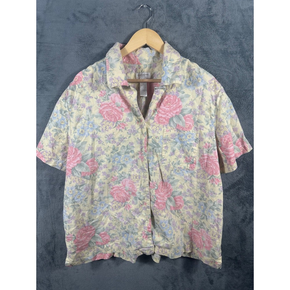 Jones New York Sport Floral Linen Cotton Shirt Yellow Pink Plus 3X Short Sleeve